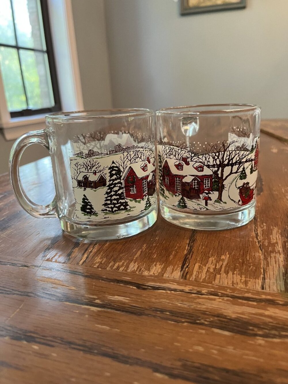 Vintage Libbey Christmas Mugs Snowy Winter Scene Clear Glass Set Of 2